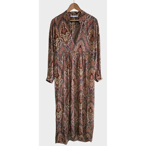 Zara Maxi Tunic Dress Women's M/L Paisley Orange Brown  Boho Tribal Pockets